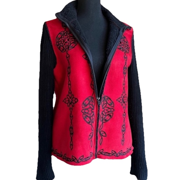 Coldwater Creek Jackets & Blazers - Vintage Coldwater Creek Faux Red Suede Black Bead Embroidered Knit Sleeve Jacket